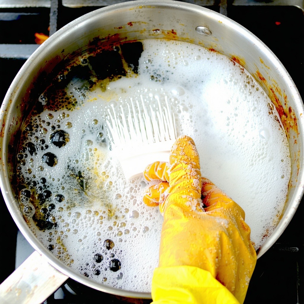 a dirty saucepan full of sudsy bubbles and water with a marigold gloved hand with a scrubbing brush cleaning it-1