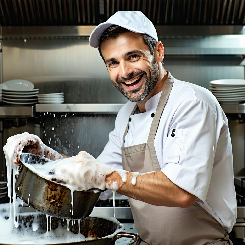 a man wearing a chefs apron in a commercial restaurant kitchen while cleaning an extremely dirty pan the man is looking worryingly satisfied like hes enjoying cleaning that pan a little too much there are also soapy suds escaping on his face plus on