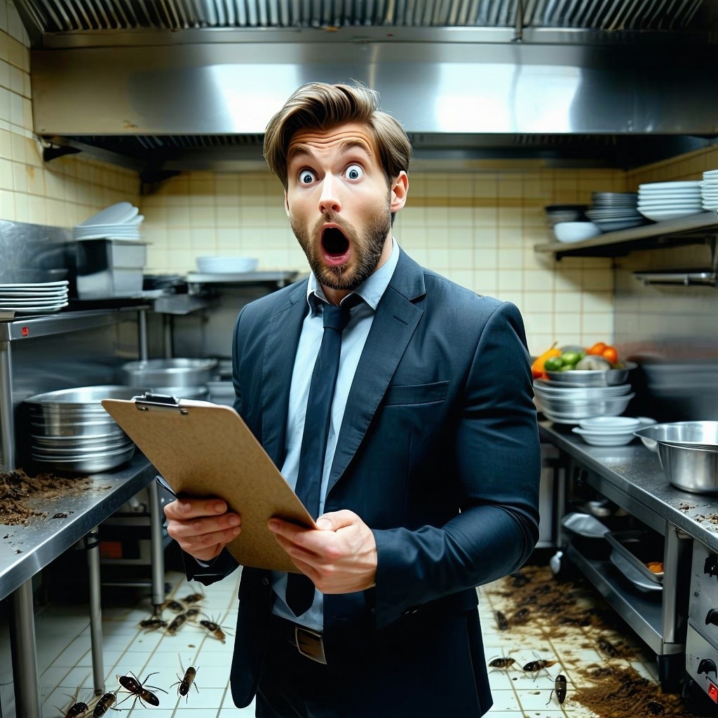 a man with a shocked expression on his face wearing a dark suit and holding a clipboard while standing in a commercial restaurant kitchen looking at how dirty the kitchen is and pests on the floor