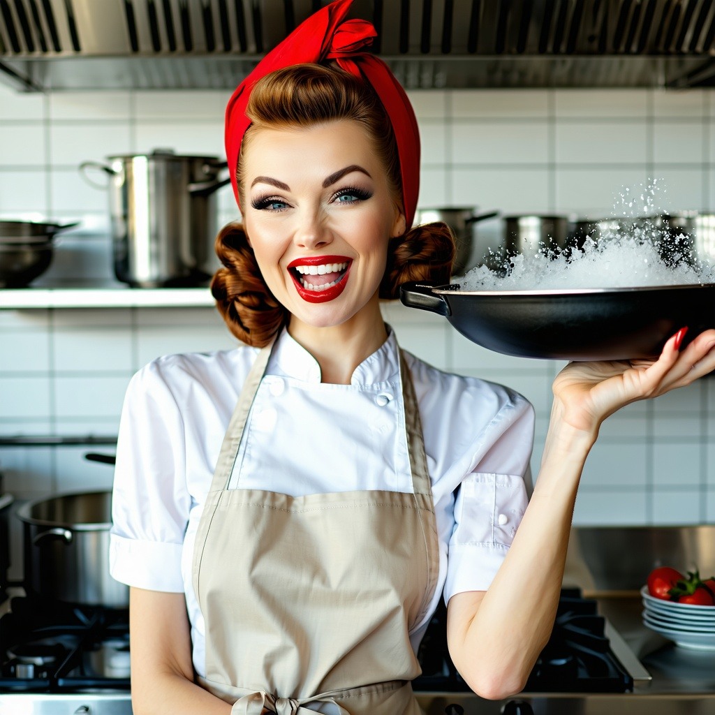 a modern woman with a slight 1950s style wearing a chefs apron with a cheeky fun but slightly seductive smile and a winking with one and and looking at the camera with the other shes holding a sparkling clean frying pan up to show how clean it is and-1