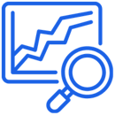 A blue icon of a magnifying glass and a screen with a graph of it