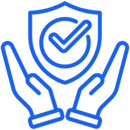A blue icon with hands cradling a shield with a tick in the centre