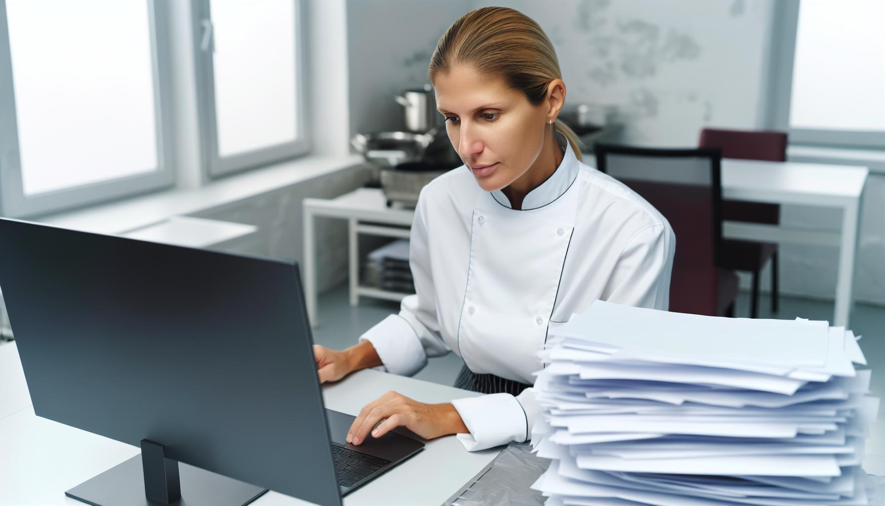 Chef with paperwork looking at laptop