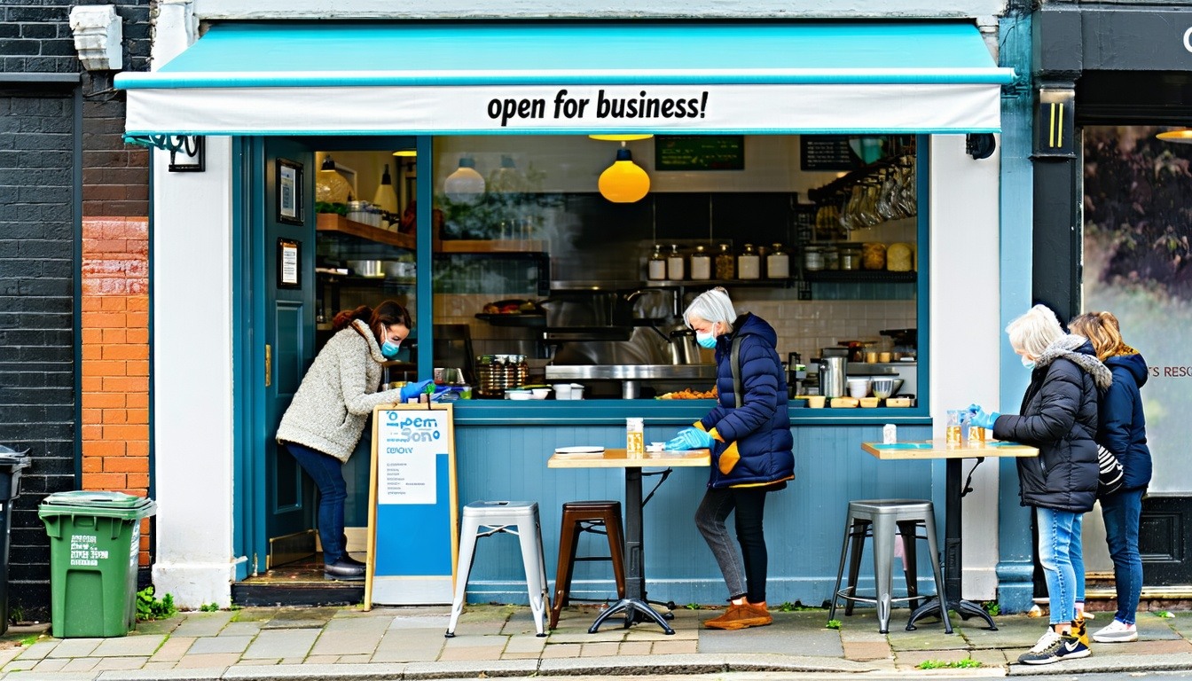 A cafe storefront with tables outside and people wearing masks