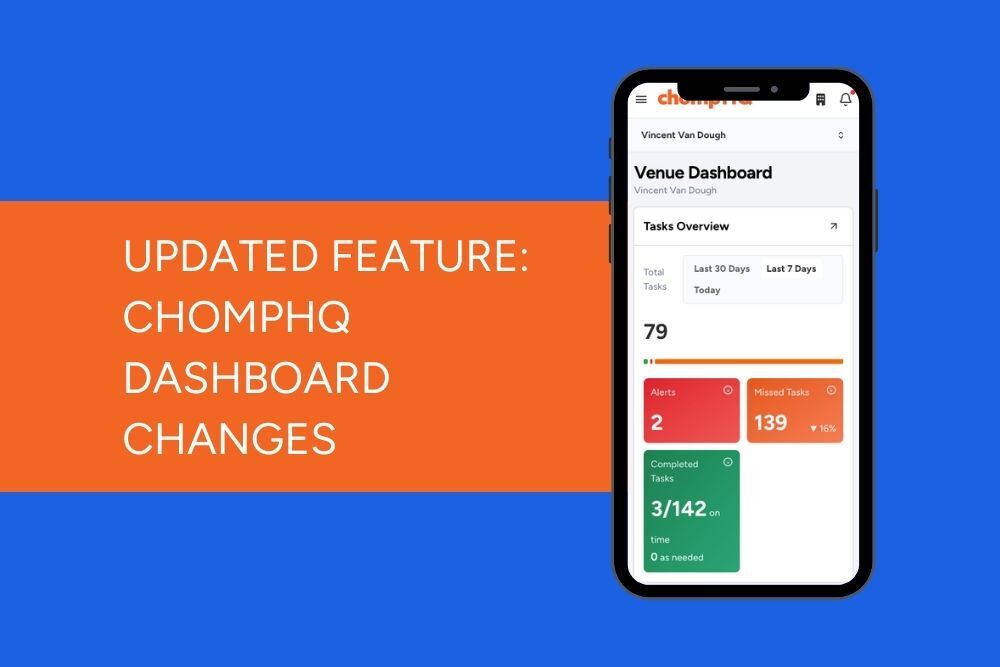 A mobile phone displaying ChompHQ with a message next to it about the latest dashboard changes
