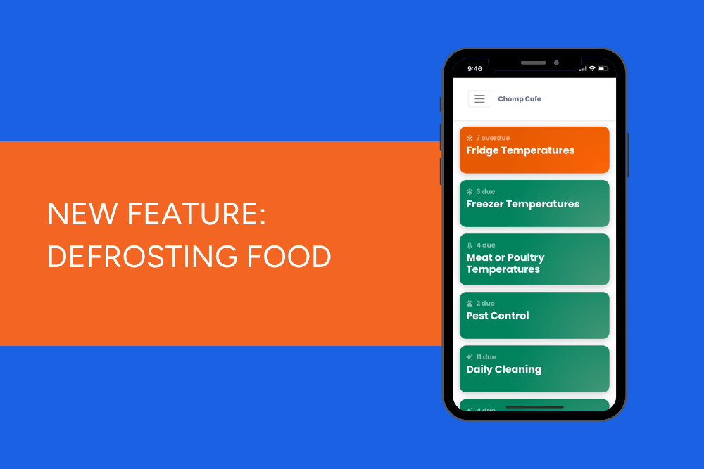 A phone displaying the Chomp Kitchen App with a title next to it saying: New Feature: Defrosting Food