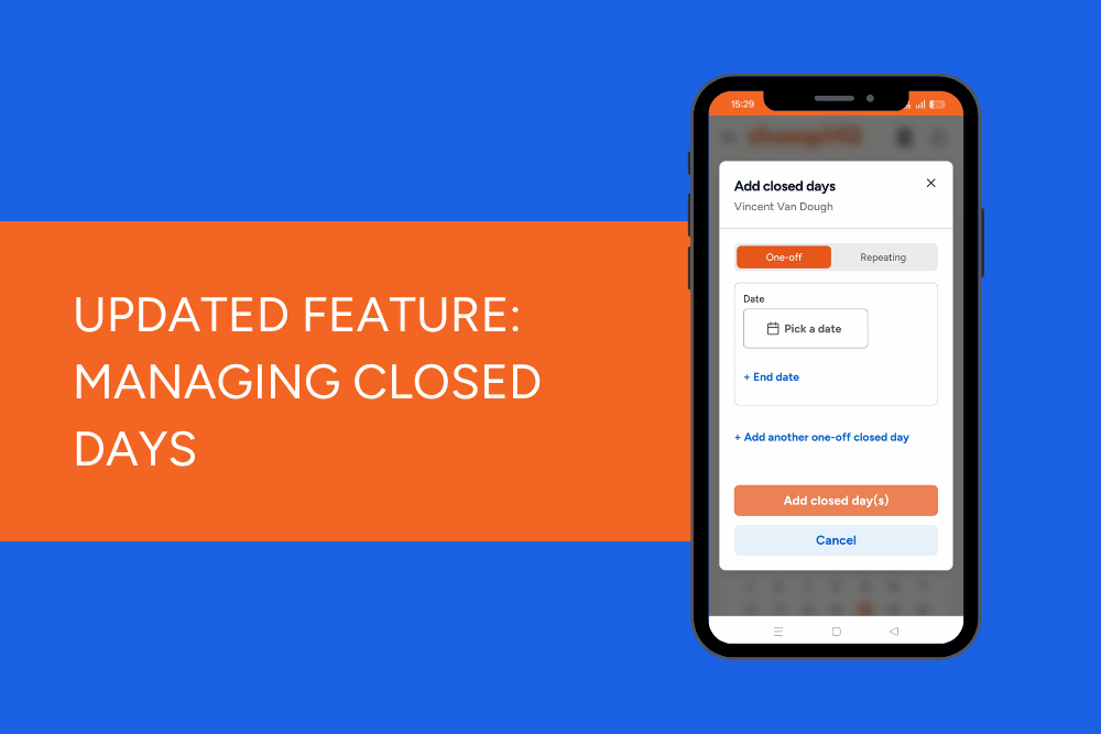 A phone with ChompHQ displaying with a title next to it saying Updated Feature: Managing closed days