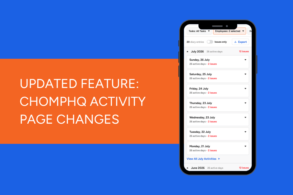A mobile phone displaying the activity page on ChompHQ with a banner next to it stating 
