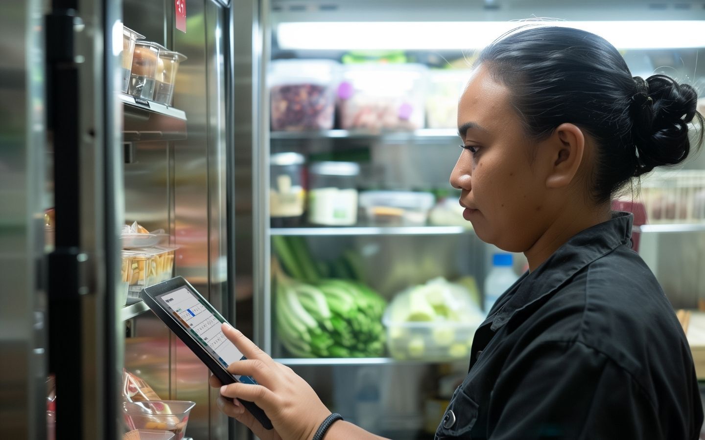 A woman holding an iPad with Chomp's food safety app open while in a cold storage room filled with food