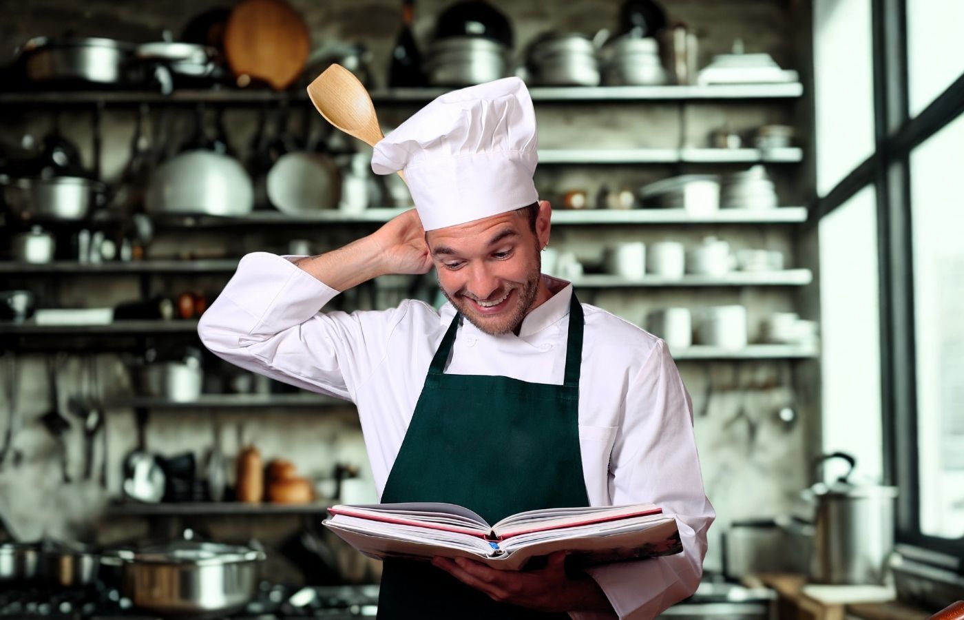 A male chef standing in a kitchen scratching his head while smile grimacing and looking down at folders of paperwork he's holding