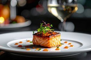 A square piece of cooked fish on a white plate with micro greens and dotted sauce