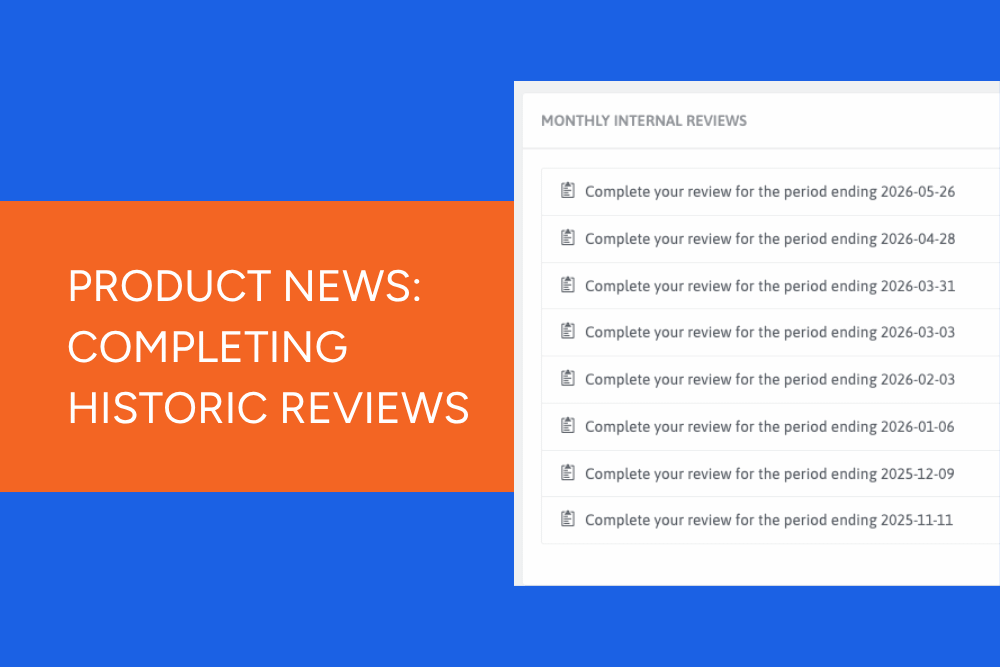 A blue background with the title 'product news: completing historic reviews' written on it