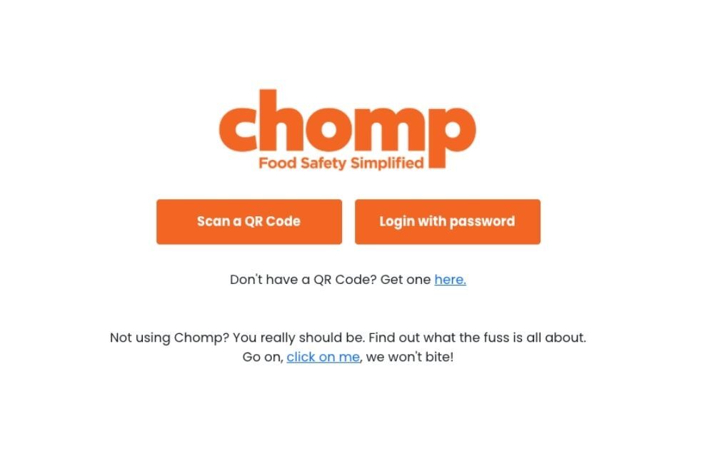 A screenshot of the Chomp Kitchen App login page