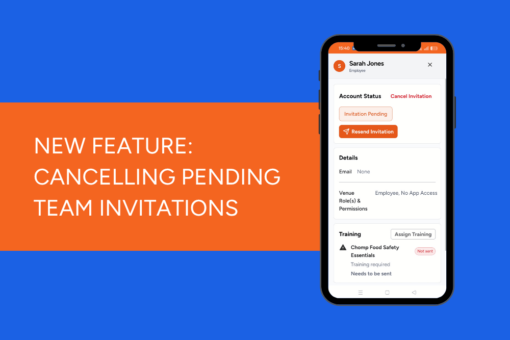 A phone with ChompHQ displaying with a title next to it saying New Feature: Cancelling pending team invitations