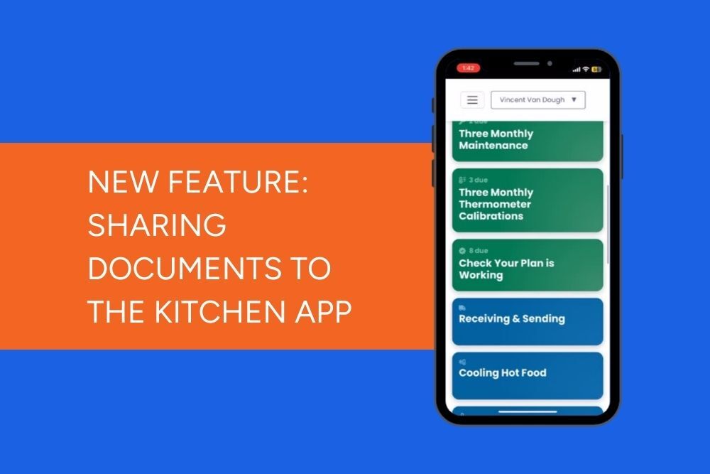 The Chomp Kitchen App displayed on a mobile against a blue background and New Feature text