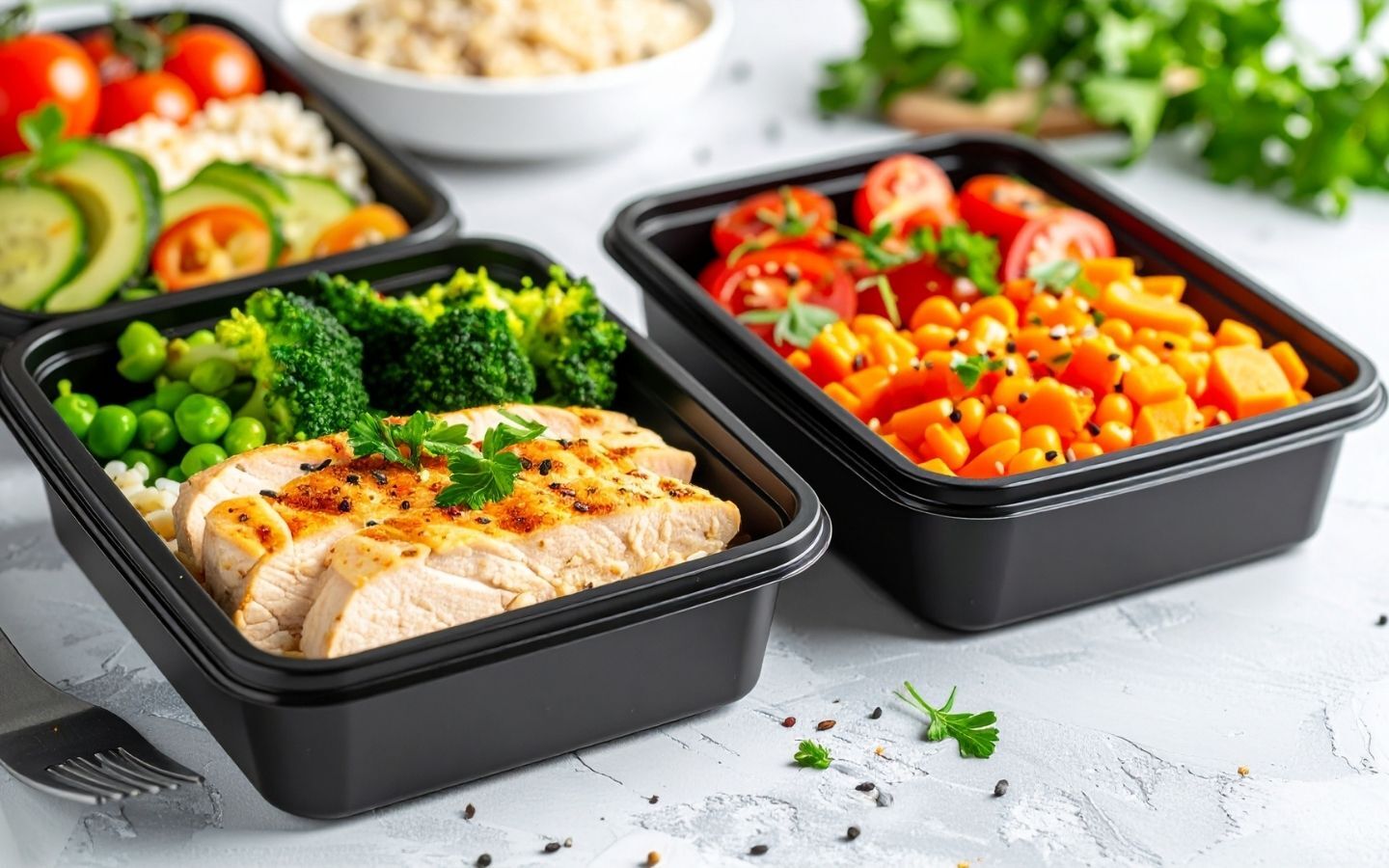 Pre-cooked food in black tubs on a counter